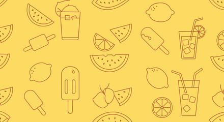 Summer themed pattern with watermelon slices lemon ice cream and refreshing drinks.