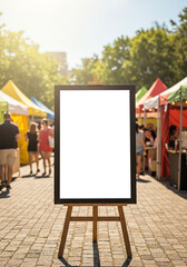 Blank poster frame mockup on an easel at a lively outdoor festival with colorful tents
