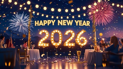 Neon sign illustration with happy new year 2026 text and star decoration for holiday party celebration