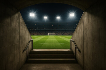 Soccer stadium: players on a green field under bright lights.