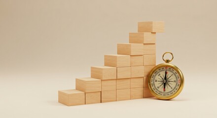 Wooden blocks staircase with compass signifying growth strategy, planning, direction, and success...