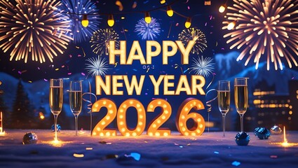 Neon sign illustration with happy new year 2026 text and star decoration for holiday party celebration