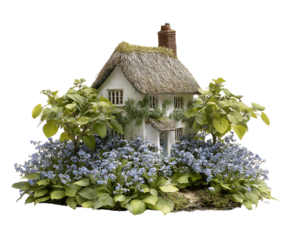 Cottage Scene Decorated with Lungwort Flower Blooms