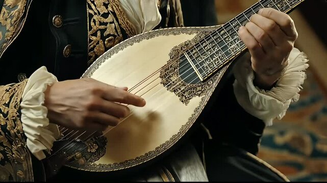 A musician in medieval or Renaissance costume is playing a Lute instrument.