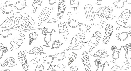 Summer themed seamless pattern with outlined sunglasses ice cream waves and cocktails.