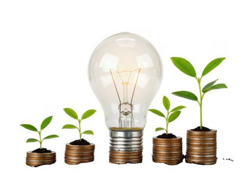 Lightbulb and growing plants on stacks of coins isolated on transparent background - Powered by Adobe