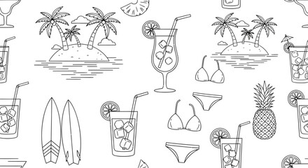 Summer themed seamless pattern with tropical island drinks surfboards and swimwear.