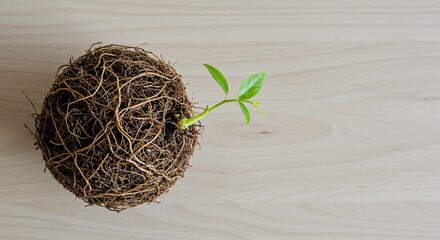 A vibrant green sprout emerges from a dense root ball on a light wood surface, symbolizing growth...