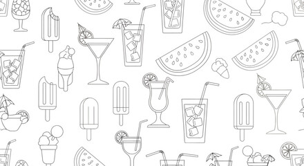 Summer Treats and Drinks Pattern Popsicles Cocktails Watermelon and Ice Cream Outlines.