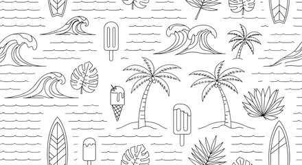 Summer themed seamless pattern with waves palm trees surfboards and ice cream.