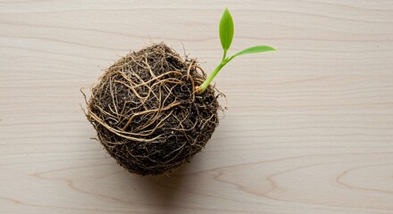 A tiny sprout emerges from a root ball on a light wood surface showcasing new growth and nature's...