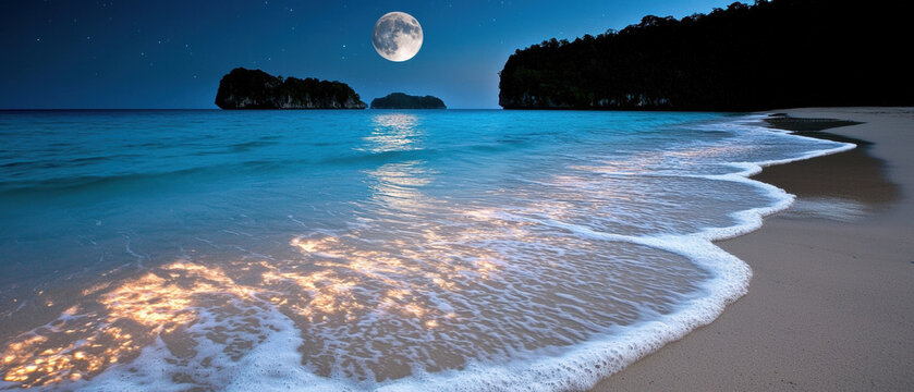 Full moon night beach with gentle waves and glowing reflections on water under starry sky creating peaceful natural scene