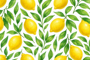 Watercolor Lemon and Green Leaves Seamless Pattern &mdash; Fresh Citrus Botanical Design