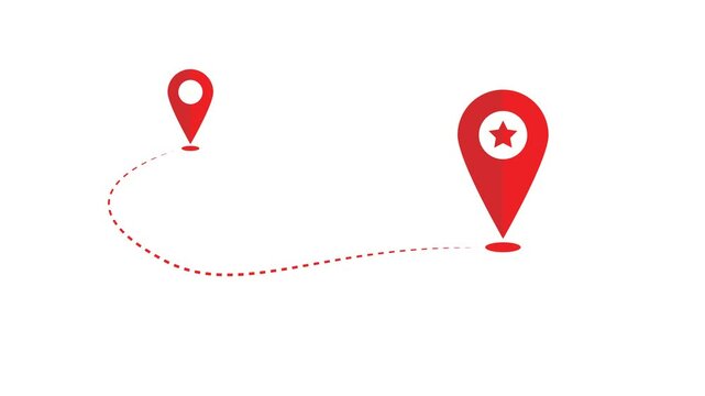 Two red location pin icon animations connected by dotted path on white background and green screen. 4K animated for business video, motion graphics, map visuals, navigation, and presentations.