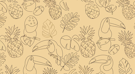 Tropical Line Art Pattern Toucans Pineapples and Exotic Leaves in Muted Tones.