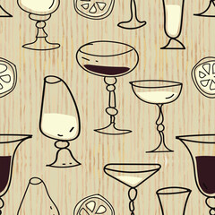 Seamless vertical cocktail drink pattern featuring handdrawn glasses and citrus on beige striped background. Great for digital papers, eco packaging, and bar menus.