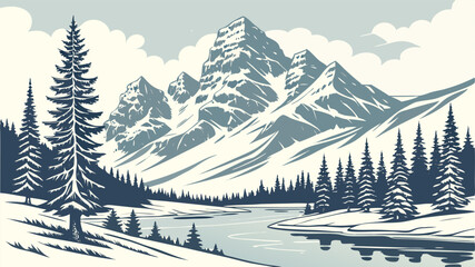 Vector flat winter landscape with snowy mountains, woods, spruce trees and fields covered with snow on blue sky