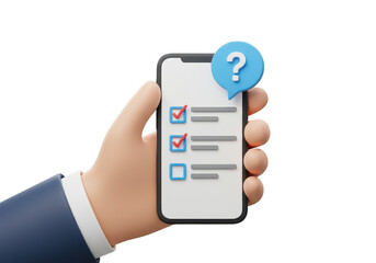 A 3d render of a hand holding a smartphone with a checklist and a question mark isolated on transparent background