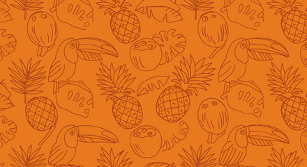 Tropical pattern with toucans coconuts pineapples and palm leaves in orange.
