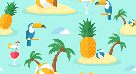 Tropical pattern with toucans pineapples cocktails islands and beach balls.