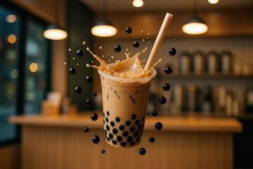 A cup of coffee with milk and chocolate.