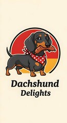 Vintage style illustrated logo for a sausage company, emblem of a cartoon german dachshund holding a sausage in its mouth, wearing red polka dotted bandana, Dachshund delights, dog