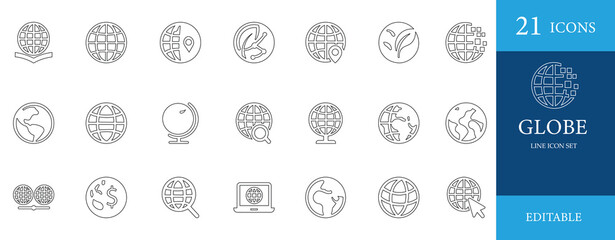 Globe line icon set featuring global map, planet, network, communication, orbit, web, and digital world concepts. Perfect for UI, web, apps, and infographics