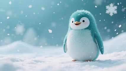 A soft teal-colored penguin stands amid swirling snow on a bright white landscape—cheerful and snug like a storybook friend from a frozen dream