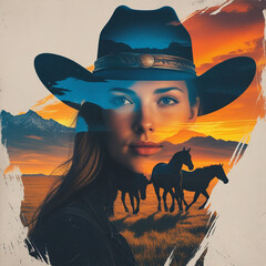 Creative double exposure of cowgirl face and horse scene with sunset in desert landscape for western concept art
