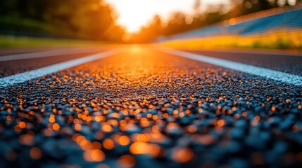 Close-up view of a running track at sunset, with the sun creating a warm glow on the surface.