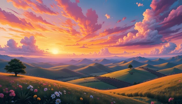  Rolling Hills with Wildflowers at Sunset | Abstract Sunset Over a Dreamy Landscape | sunrise in the mountains