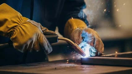Welder using welding torch to join metal pieces in workshop  