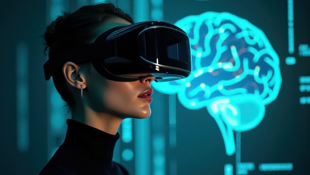 Woman wearing a vr headset with a glowing brain graphic in the background in a blue environment