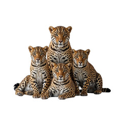 Obraz premium Four leopards sitting together in a group on white background 