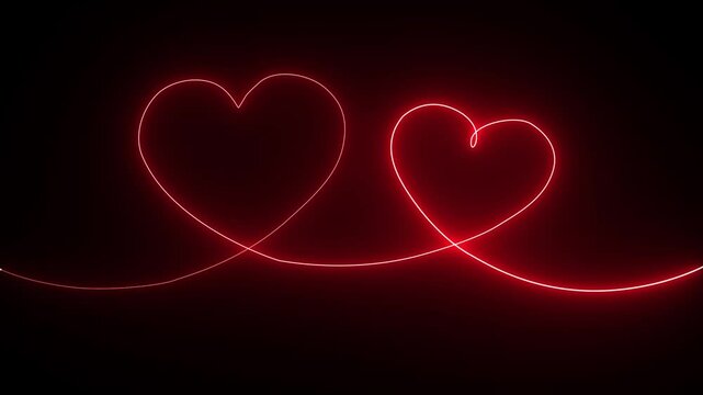 red color neon glowing Two love hearts. Valentine's Day indicate. Bright glowing neon heart animation for valentine's day, anniversary, mother's day, marriage, invitation e-card.
