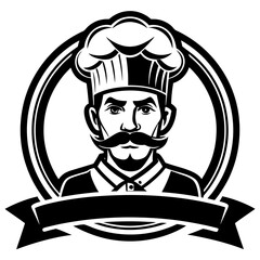 Chef portrait with mustache wearing a hat inside a circle frame