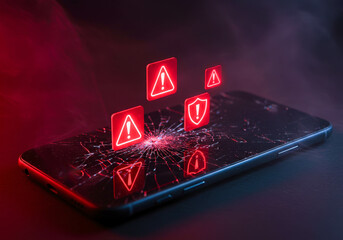 Red warning icon on broken smartphone screen. Cyber security threat with smashed display. Digital concept of data hacking.
