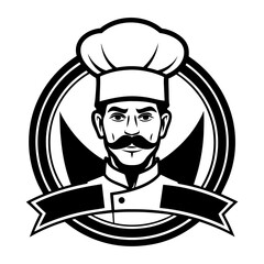 Chef portrait with mustache wearing a hat inside a circle frame