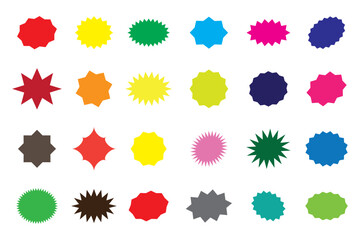 Starburst sale price labels or stickers and seals, oval and sunburst, colorful vector. Sale callout splash, star and rosette stamps or tag badges for price promotion labels or discount promo sticker.