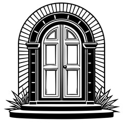 Arched doorway with double doors isolated on white background