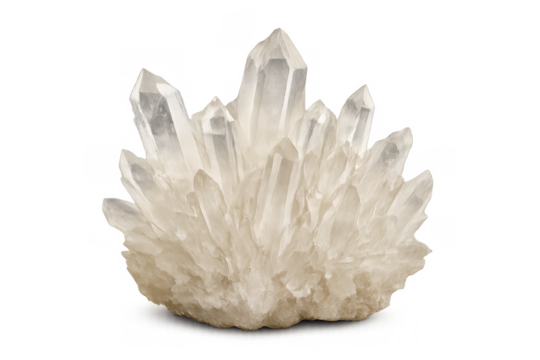 Transparent quartz crystal cluster showcasing geometric formations, highlighting natural mineral beauty against clean backdrop