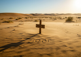 A 100 degrees Fahrenheit sign stands alone in a vast desert landscape under a clear sky, representing extreme heat concept.
