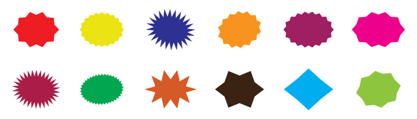 Starburst sale price labels or stickers and seals, oval and sunburst, colorful vector. Sale callout splash, star and rosette stamps or tag badges for price promotion labels or discount promo sticker.