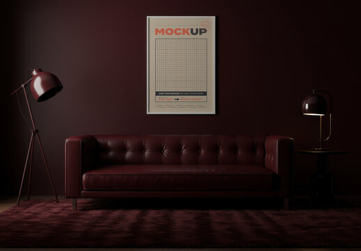 Burgundy Scene Living Room Vertical Poster Frame Mockup