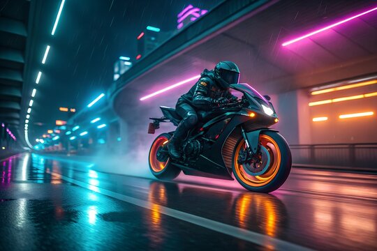 futuristic neon motorcycle racing at high speed in cyberpunk tunnel with glowing light trails and sleek rider gear