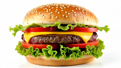 Isolated cheeseburger featuring lettuce, tomato, cheese, and beef patty on a sesame seed bun. Suitable for food advertising, menu design, and fast food promotions.