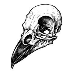 Detailed Crow Skull Side View Black and White Outline Line Art Drawing Engraved Style Animal Anatomy