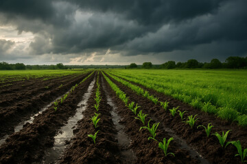 Rain falling on a field under a dark sky.