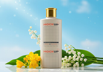 Cosmetic Bottle Jar Packaging Mockup with Flowers