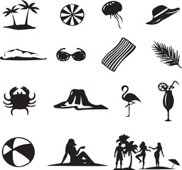 Travel and Vacation Icon Set in Black Vector Style for Holiday and Beach Design